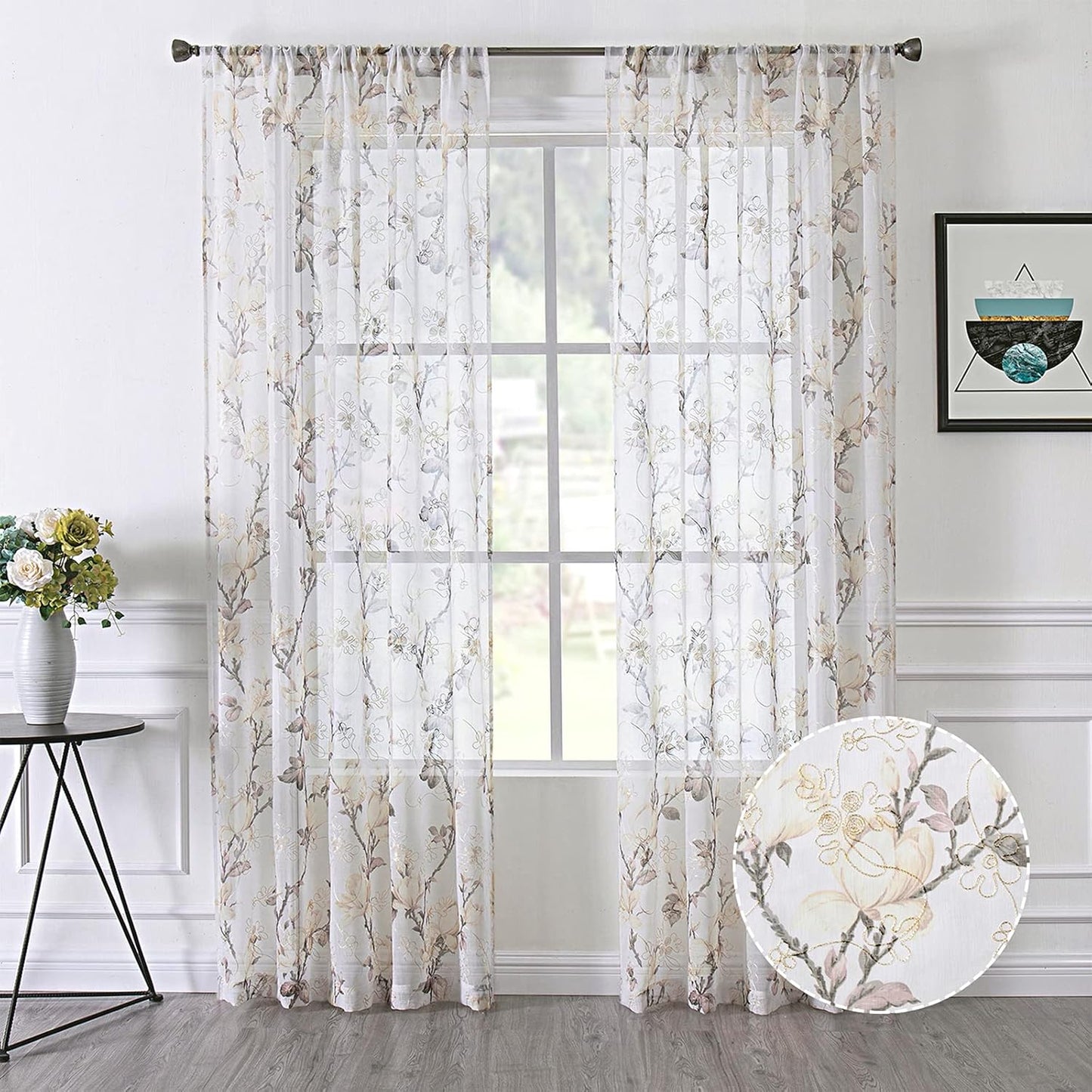 White Sheer Floral Print Curtain for Bedroom and Living Room (54 X 84 Inches Long, Set of 2 Panels)