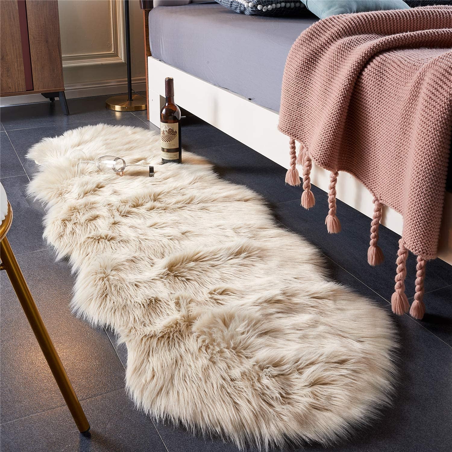 Luxurious Ultra Soft Faux Fur Shaggy Area Rug & Chair Cover - 2x6 Ft Beige Sheepskin for Bedroom, Living Room & Sofa