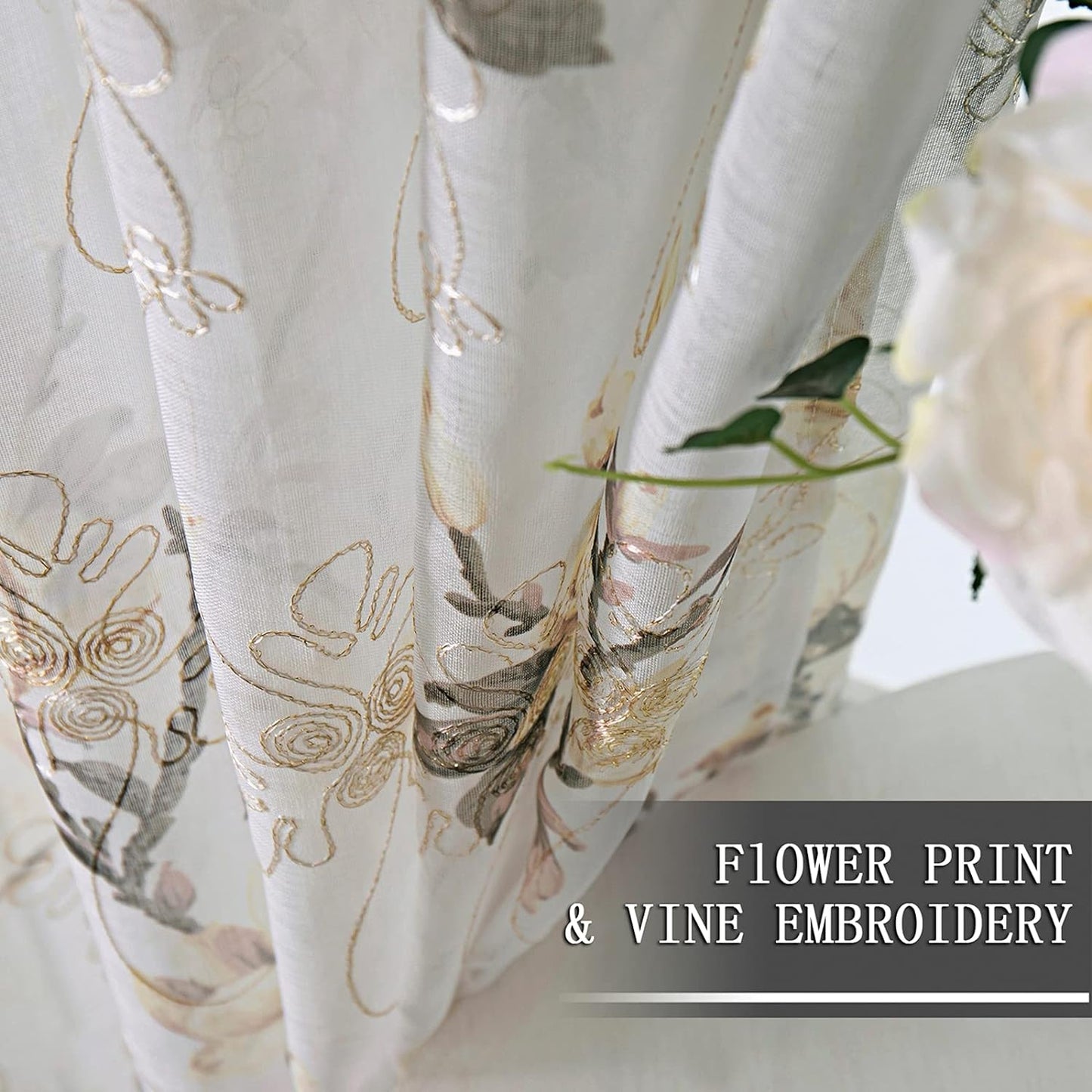 White Sheer Floral Print Curtain for Bedroom and Living Room (54 X 84 Inches Long, Set of 2 Panels)