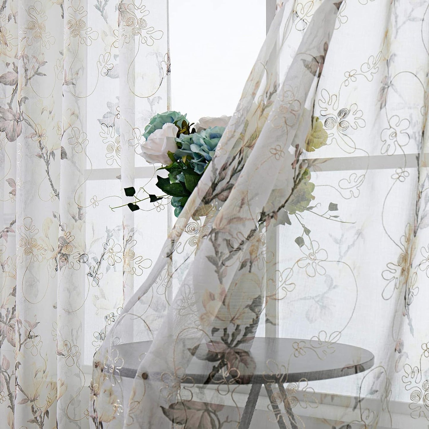 White Sheer Floral Print Curtain for Bedroom and Living Room (54 X 84 Inches Long, Set of 2 Panels)