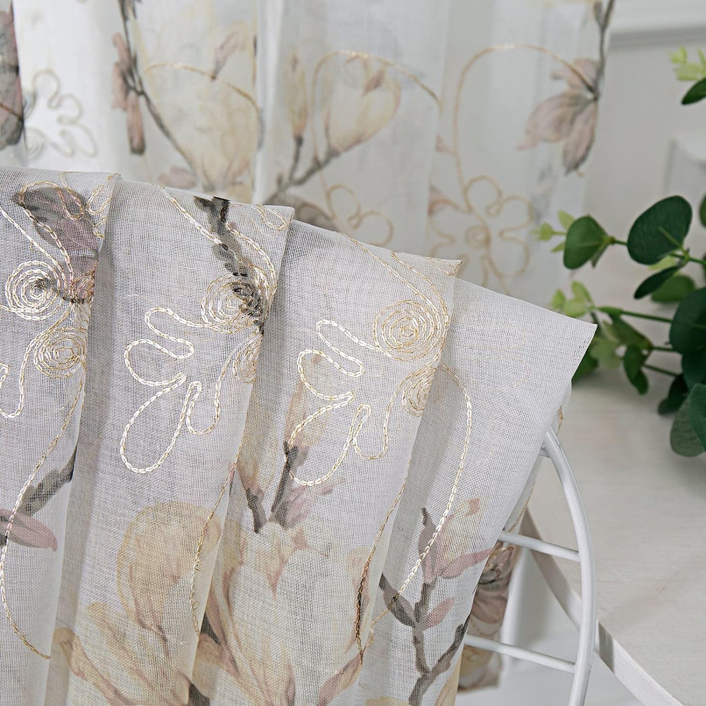 White Sheer Floral Print Curtain for Bedroom and Living Room (54 X 84 Inches Long, Set of 2 Panels)