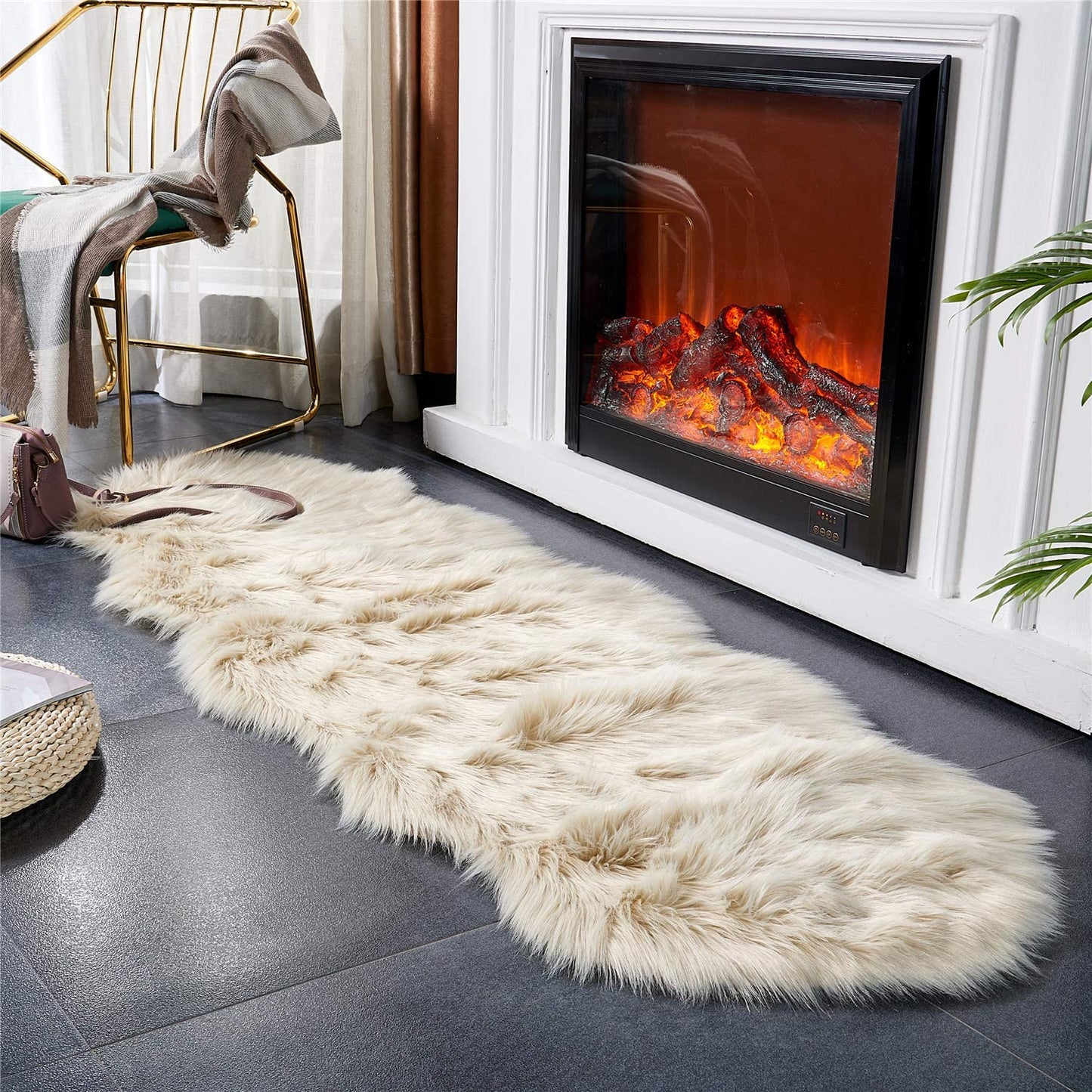 Luxurious Ultra Soft Faux Fur Shaggy Area Rug & Chair Cover - 2x6 Ft Beige Sheepskin for Bedroom, Living Room & Sofa