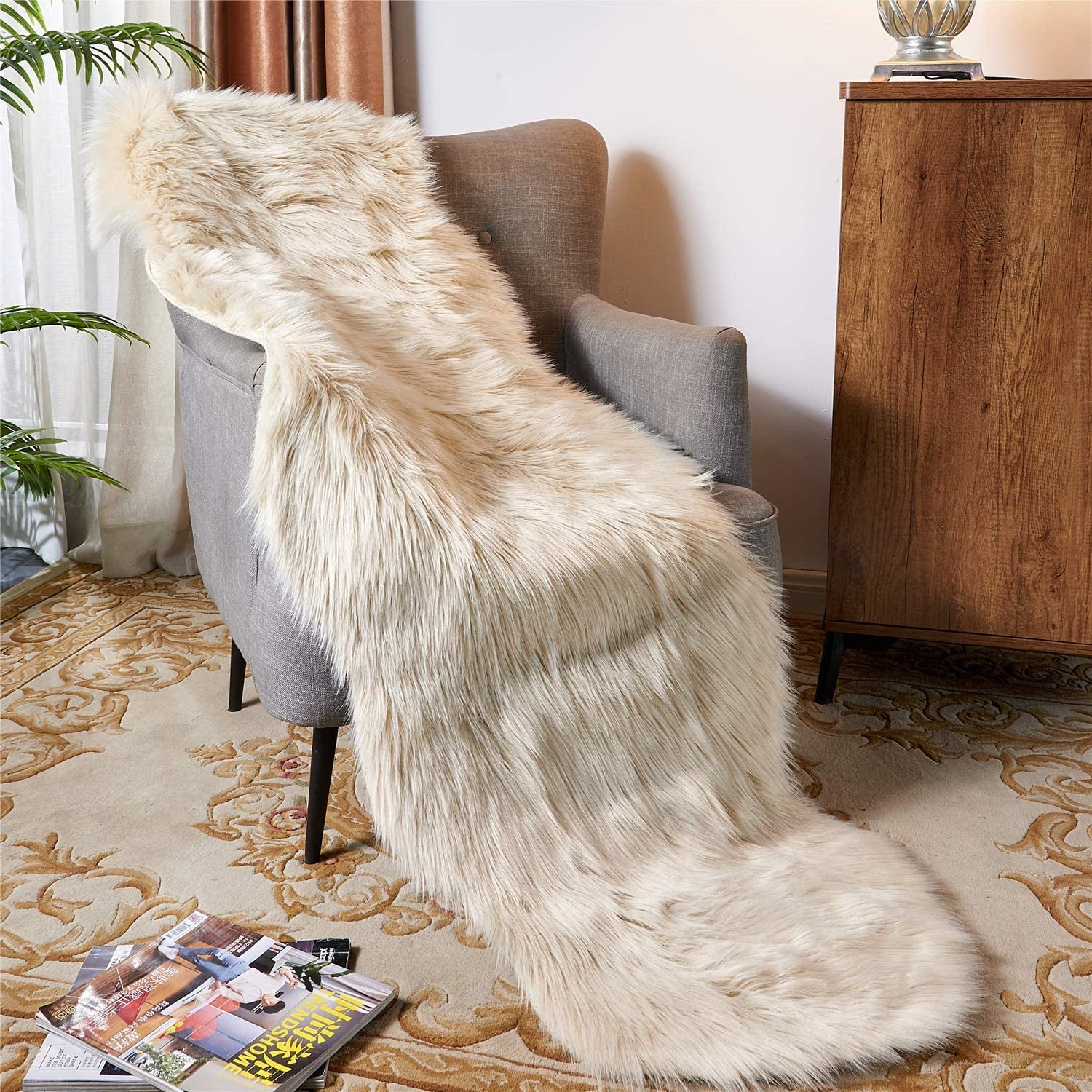 Luxurious Ultra Soft Faux Fur Shaggy Area Rug & Chair Cover - 2x6 Ft Beige Sheepskin for Bedroom, Living Room & Sofa